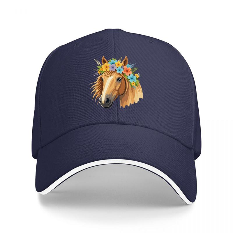 Floral Horse Head Design Baseball Cap Black Adjustable Hat with Colorful Flowers and Horse Pattern for Fashion and Style