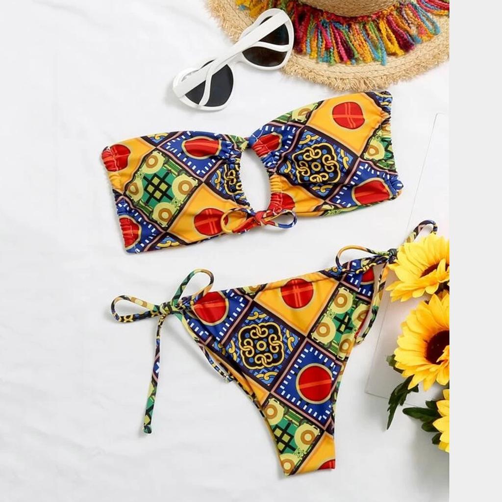 (SU)Damen Sexy Boho-Stil, geometrischer Druck, Bandeau-Badeanzug mit seitlicher Bindung, BIkini, Strandmode