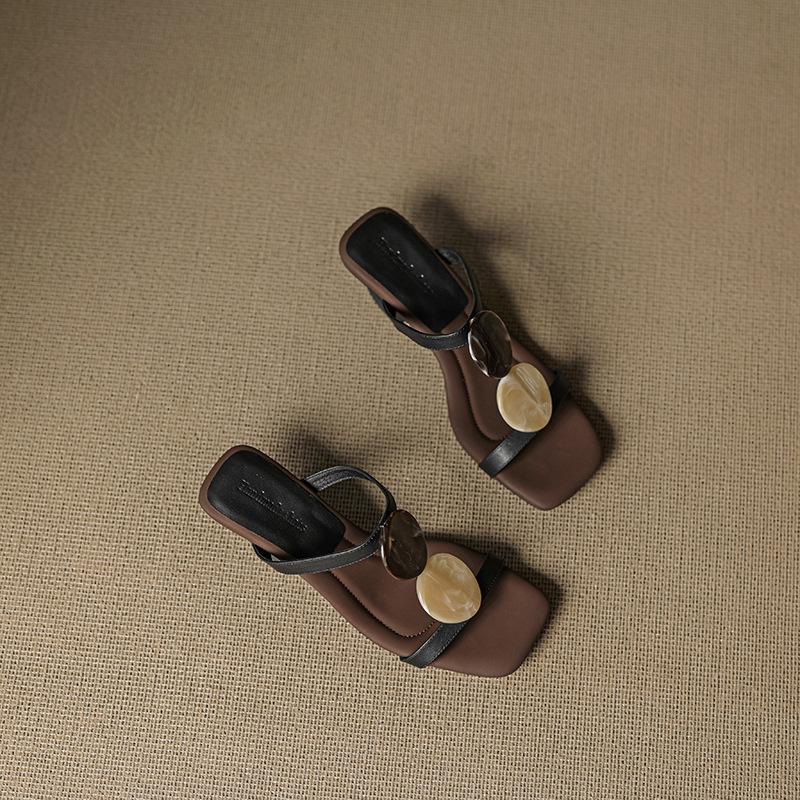 

2025 summer new cowhide with square head wear open-toed sandals retro bohemian high-heeled slippers women 40 чорний