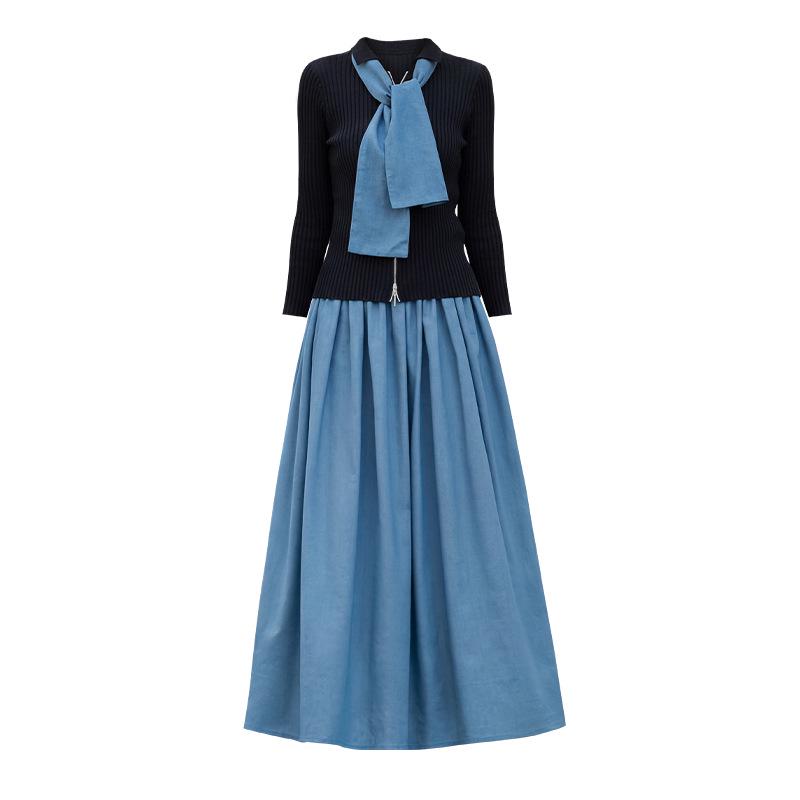 2026 Spring Fashion Slimming Knit Top & Blue A-Line Skirt Set