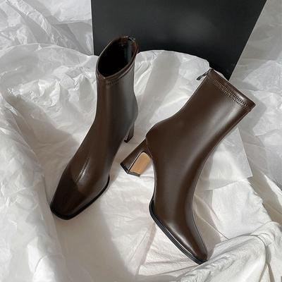 Brown Short Boots Women's High Heels Autumn and Winter New Velvet Thick Heel French Small Ankle Boots Rear Zipper Elastic Square Head Thin Boots
