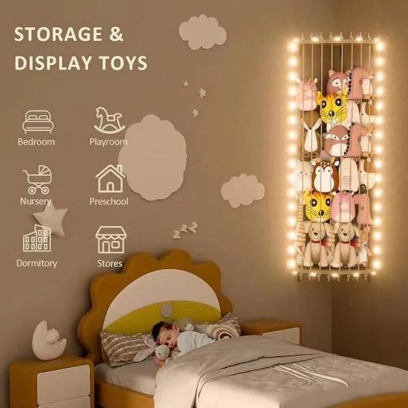 Adjustable Length Wood  Stuffed Animal Holders with LED Light Plush Toy Organizers for Bedroom or Playrooms Decors