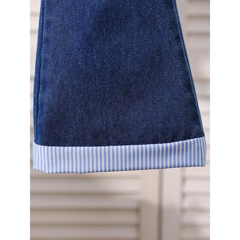 Herbst Baby- und Kleinkind Umlegekragen Hemd Patchwork Top + Denim Schlaghose Zweiteiler