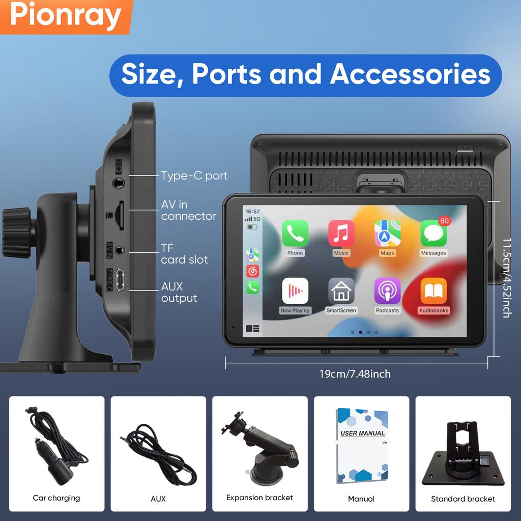 Pionray 7/10 Inches Android Auto Universal Portable CarPlay for Car Screen Car Radio Video Wireless Carplay Screen for Apple