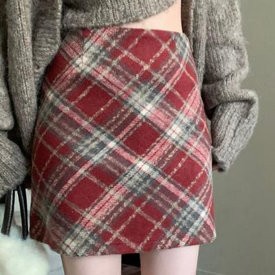 Autumn and Winter Retro College Plaid Woolen Skirt High Waist Slimming and Chubby Plaid Skirt