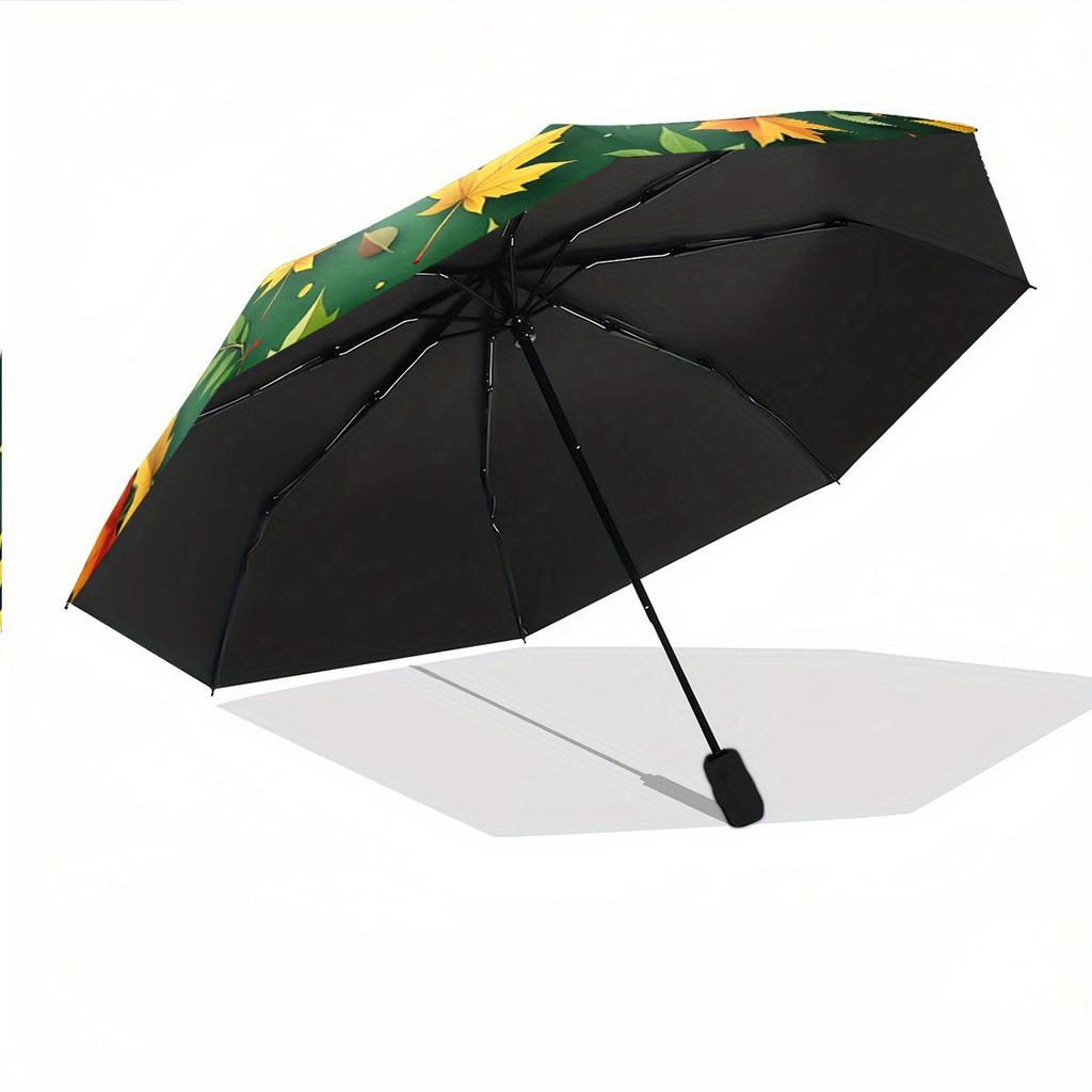 Automatic Folding Umbrella Autumn leaves on a green background. Portable collapsible design, casual outdoor accessory, for all