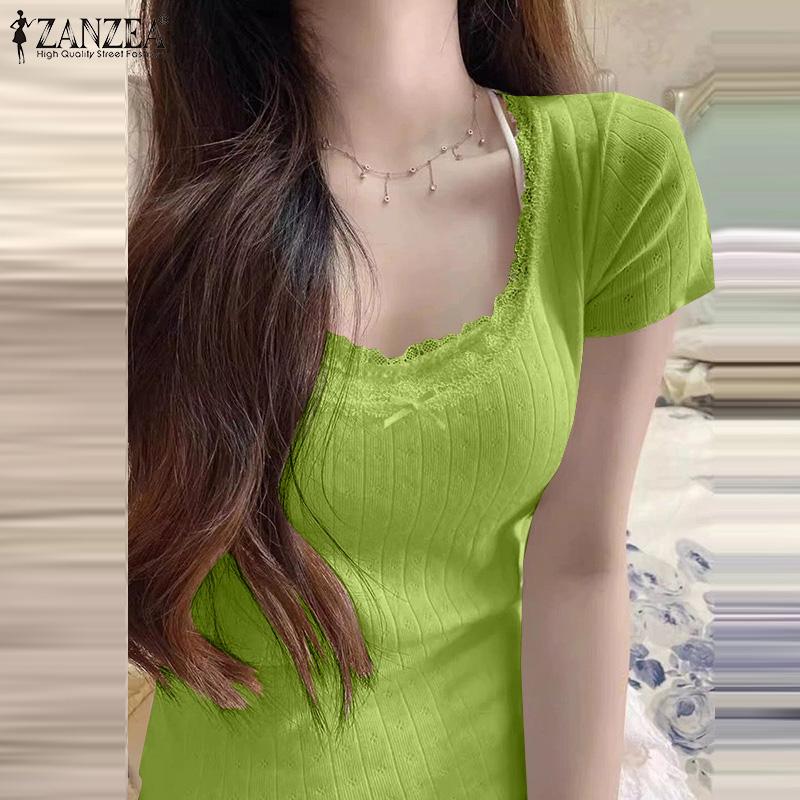 

ZANZEA Женские летние футболки с коротким рукавом и U-образным вырезом, повседневные облегающие футболки с кружевной отделкой по низу 4XL зелёный