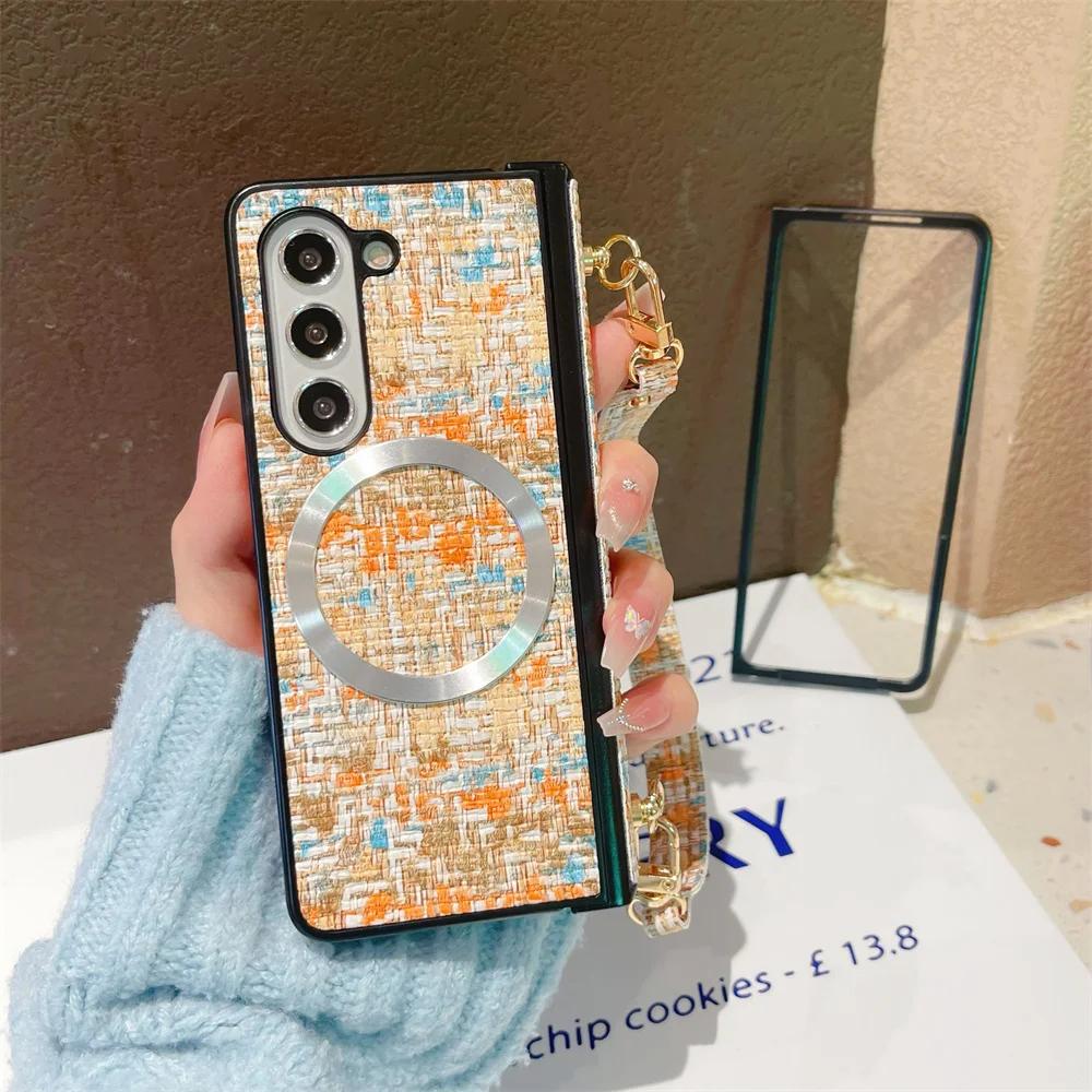 

Чехол для телефона с ремешком на запястье из кожи и магнитом для Samsung Galaxy Z Fold 6 5 4 3 5G, защитный противоударный чехол с петлей для руки For Samsung Galaxy Z Fold3