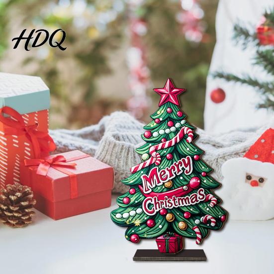 Stable Base Christmas Decor 2D Wooden Tabletop Ornaments Xmas Tree Santa Holiday Home Accents Snowman Sign with Stand Party Decorations Small Gifts