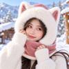 Fox Ear Design Women's Scarf Hat keep warm Integrated Bean Hat Cute Fluffy Hat Scarf  Winter