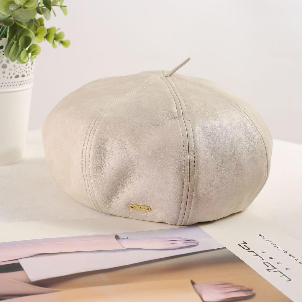 Autumn and winter pu leather beret new retro black octagonal hat girls big hat top literary pumpkin hat
