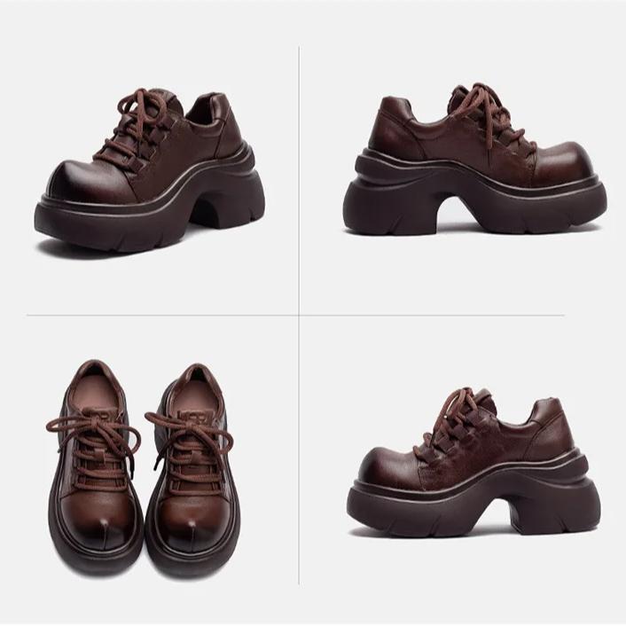 Johnature Genuine Leather Thick Soled High Heel Pumps Versatile Retro Round Toe Lace-up Women's Platform Shoes