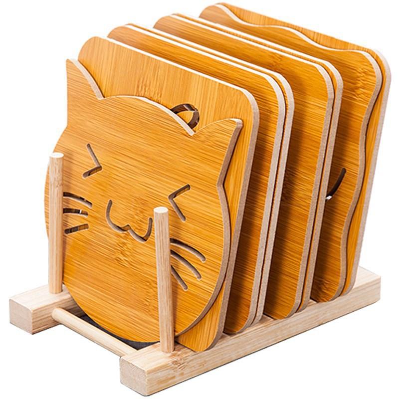Household kitchen wooden insulation mat, square, cartoon, animal shaped dining table mat, thick, heat-resistant, hollow, non slip coaster