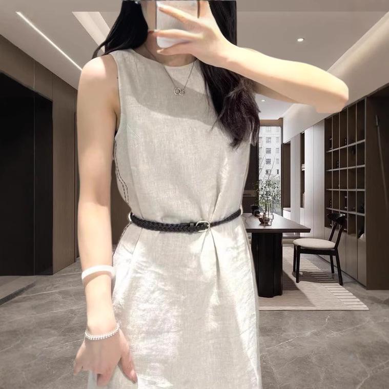 2025 Summer Women's Cotton Linen Sleeveless Waist-Hugging Dress