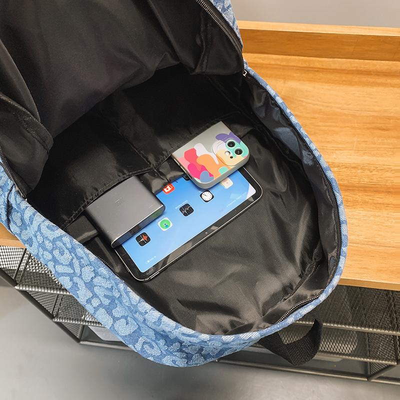 Leopard Print Denim Backpack Student Schoolbag Women Lightweight Backpack