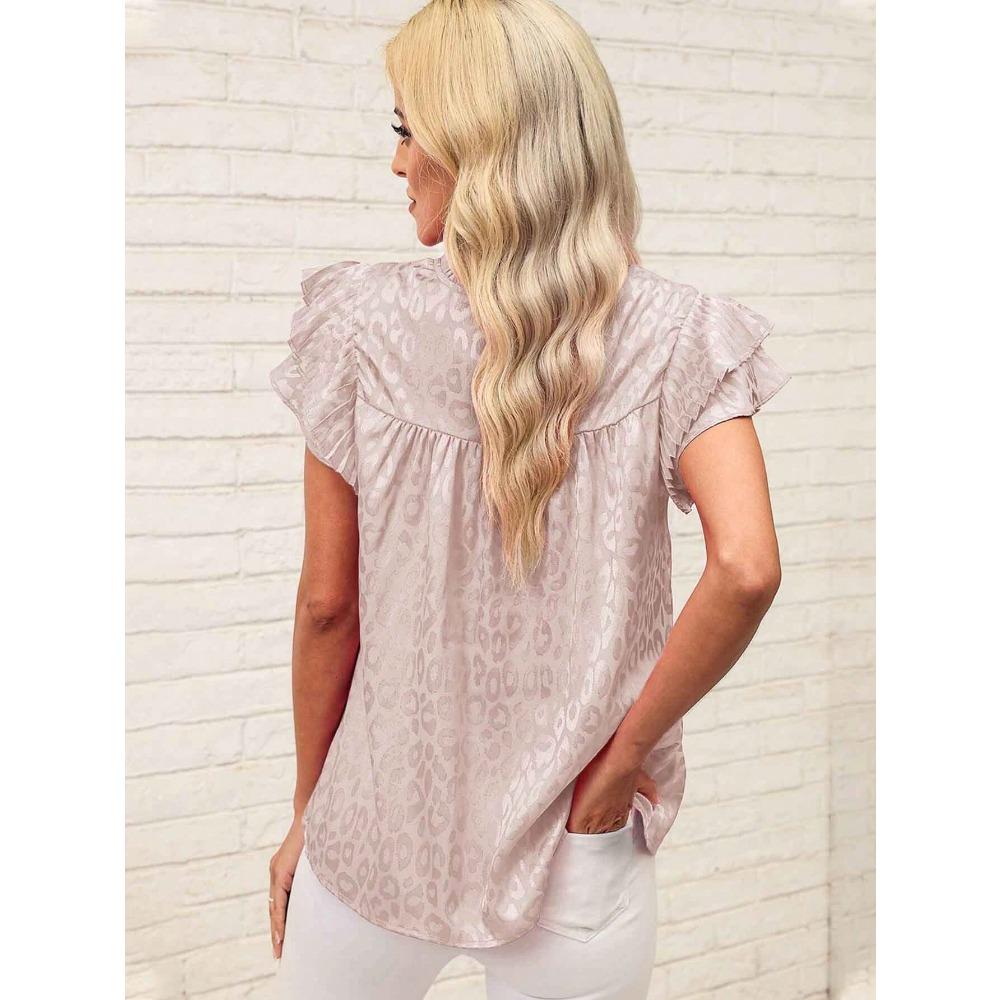 GMXIA Women's Summer Fashion All-match Printed Lotus Sleeve Wavy Neck Women's Top