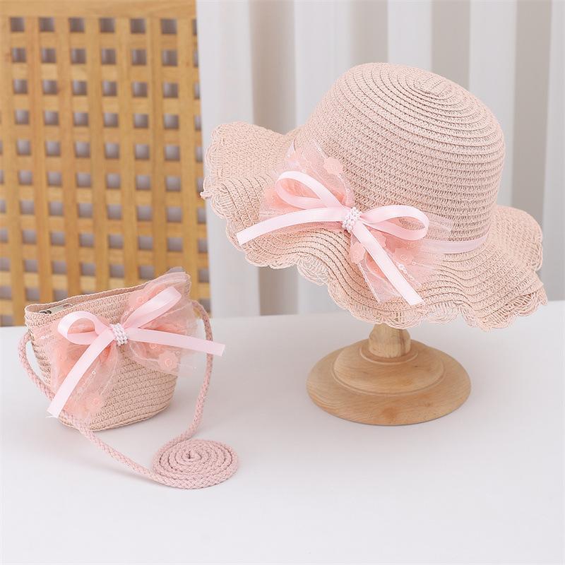 Kid Baby 2 Pieces Set Straw Hat and Handbag Summer Little Girl Children Bowknot Sun Cap Panama For Outdoor Beach Party Holiday