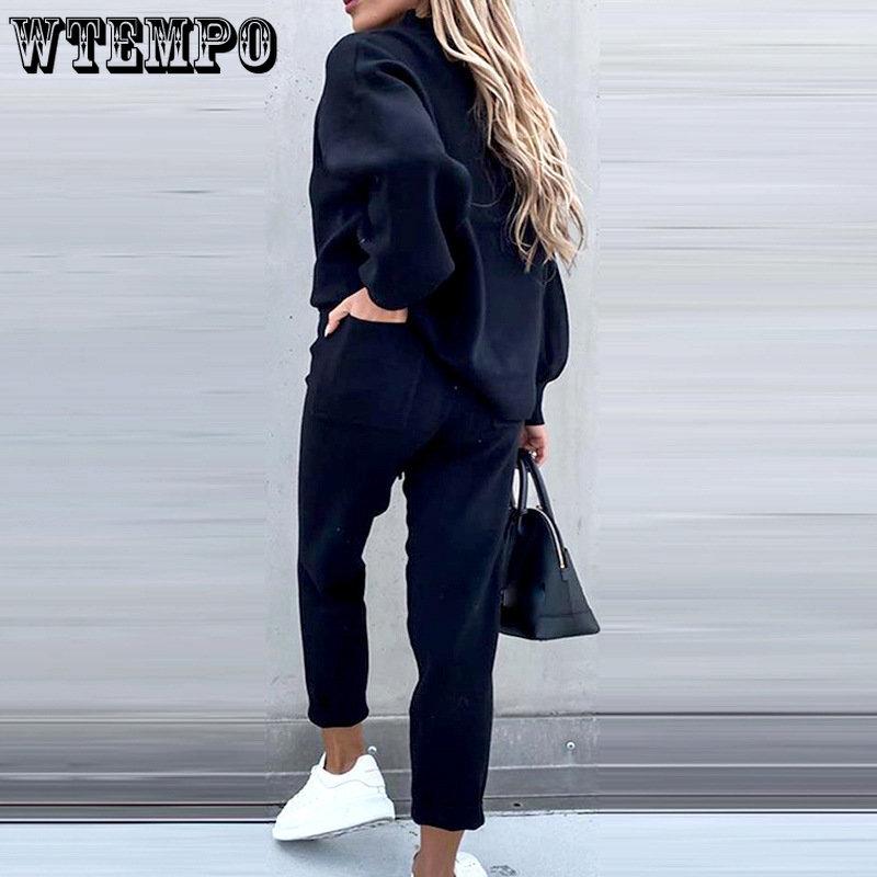 Trainingsanzüge für Damen, einfarbig, Sweatshirt-Set, Laternenärmel, Pullover, Kordelzug, Hose, 2-teiliges Set, weiblicher Herbst, lässige Sportbekleidung