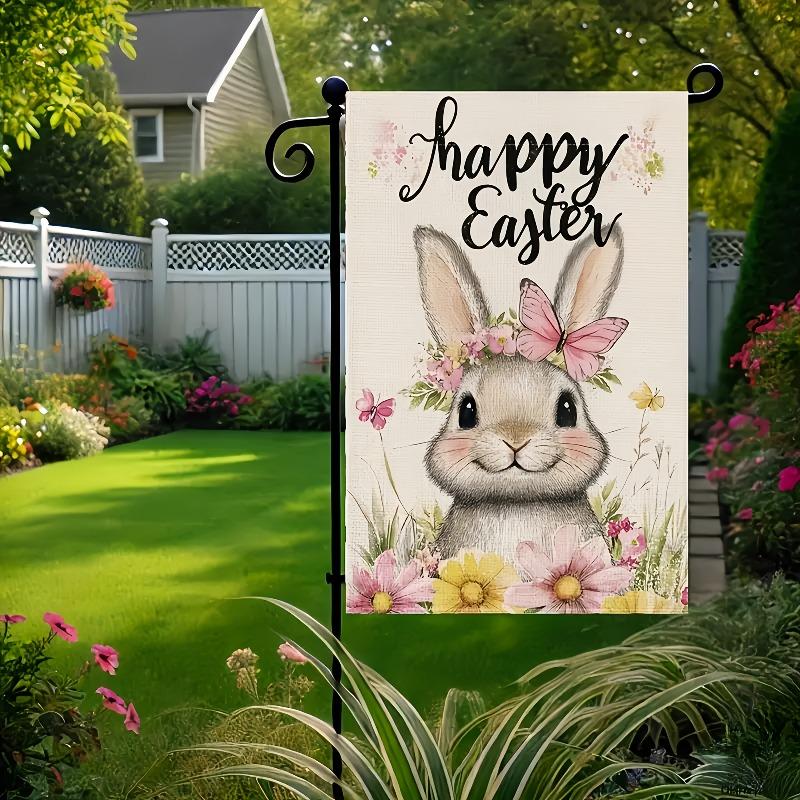 Happy Easter Bunny Garden Flag, Double-Sided Polyester, with Cute Rabbit & Floral Design, for Outdoor & Indoor Decor, Yard, Home