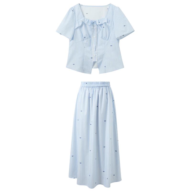Sancai 2026 Summer Plus Size Square Collar Bowknot Striped Two-Piece Set XL