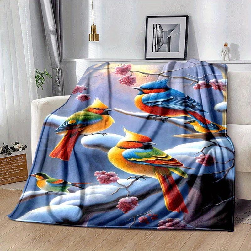 1pc Bird Printing Lightweight Flannel Blanket, Comfortable and Warm Blanket, for Camping Sofa Bed and Couch Office, Gift