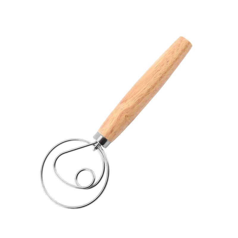 Oak Handle Stainless Steel Whisk & Egg Beater – Manual Dough Kneading & Flour Sifting Tool for Baking
