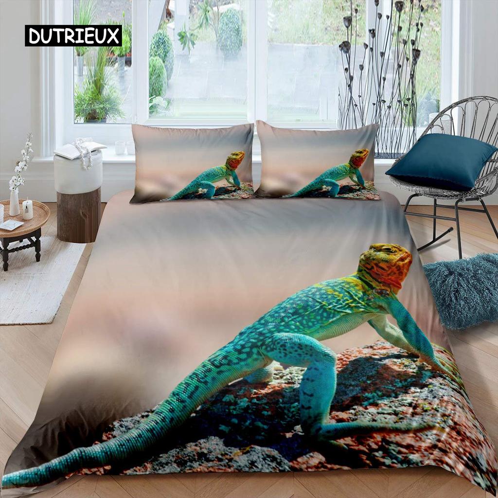Chameleon Duvet Cover Set 3D Wild Animal Theme Twin Bedding Set Wildlife Comforter Cover Boys Green Leaf Polyester Quilt Cover