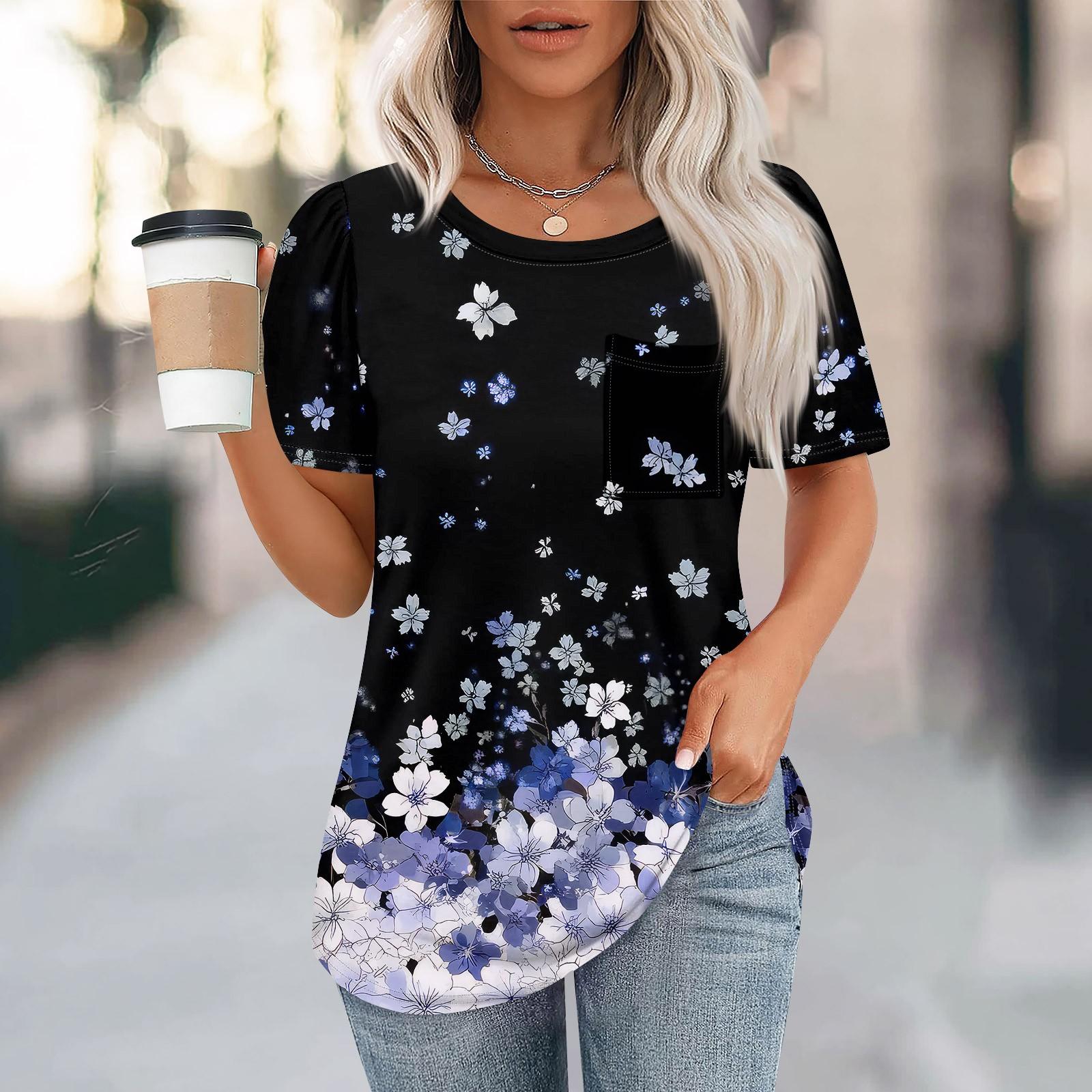 

Футболки для женщин, плиссированные, с круглым вырезом, нарядные, повседневные, блузки с принтом, с коротким рукавом, летние топы, свободный крой L чёрный