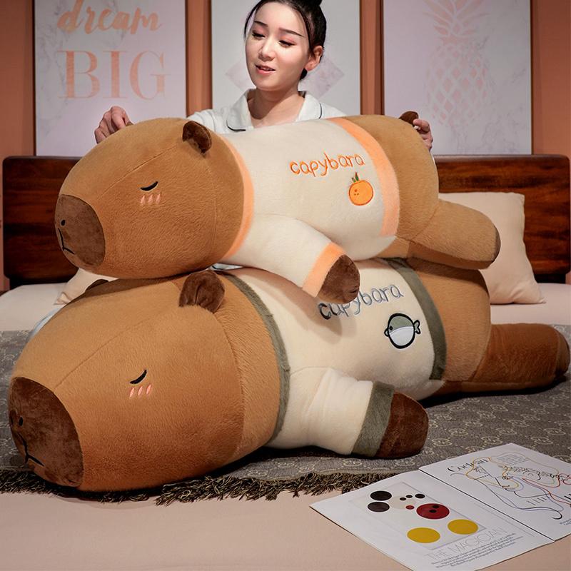 75/100cm Adorable Giant Cartoon Capybara Plush Doll Throw Pillow Wear Shirt Lying Capybara Plush Toy Home Decor Gentle Hug Best Present