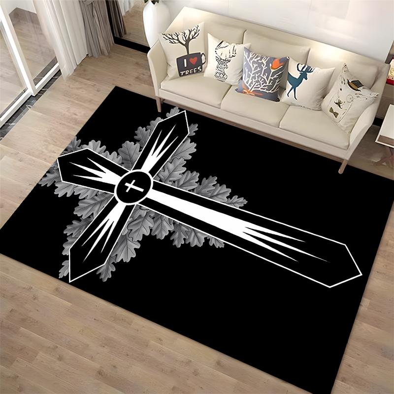 Cross and Leaf Gothic Design Rug Non-slip rug suitable for living room and bedroom sofas.