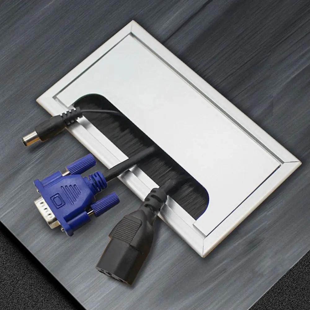 Aluminum Alloy Rectangle Desk Wire Hole Cover Table Outlet Port Computer Desk Cable Grommet Hole Holder with Black Brush