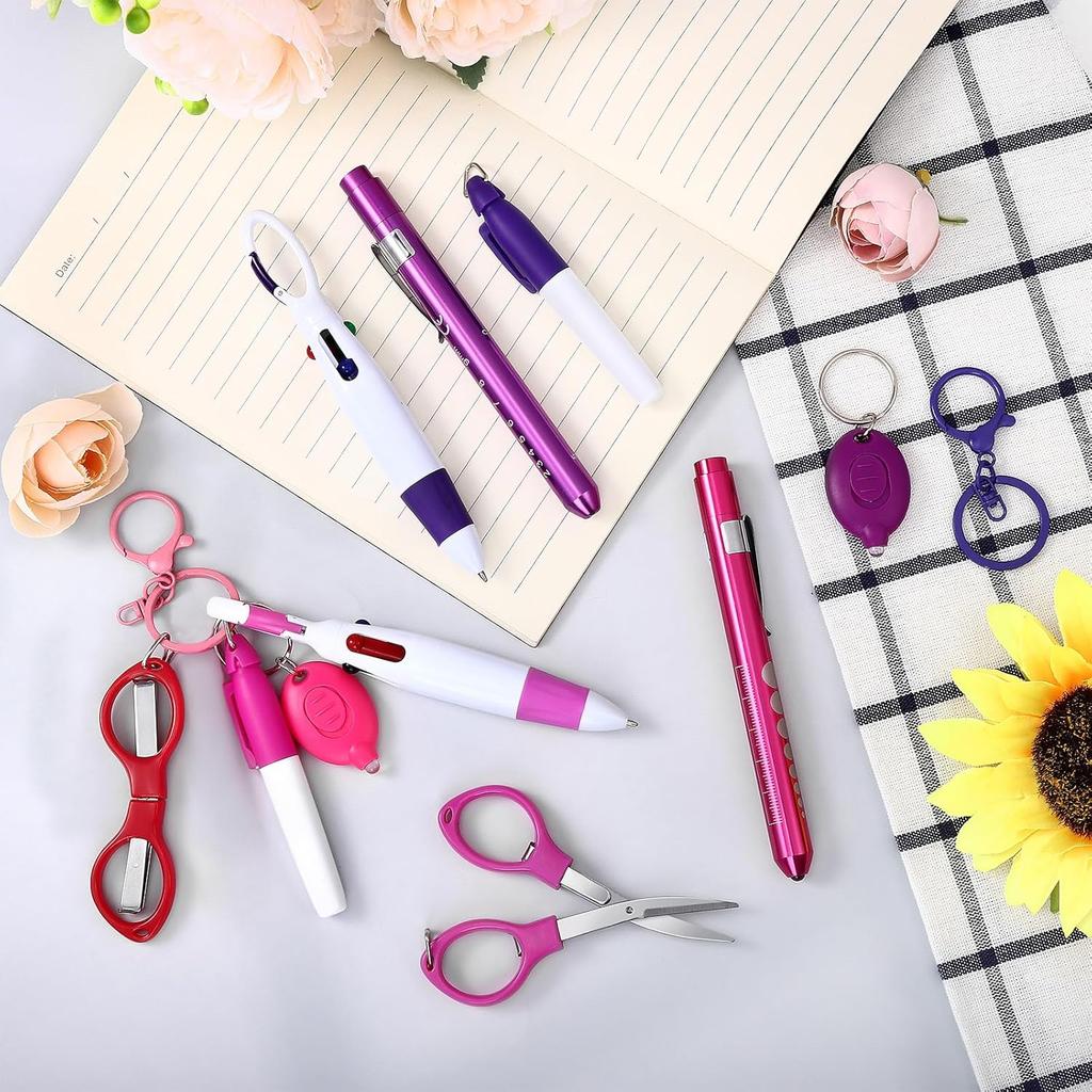 12pcs Multifunctional Nurse Pen Set, Including Pen Light, Permanent Marker, Multicolor Ballpoint Pen, Keychain Clip, Folding Scissors
