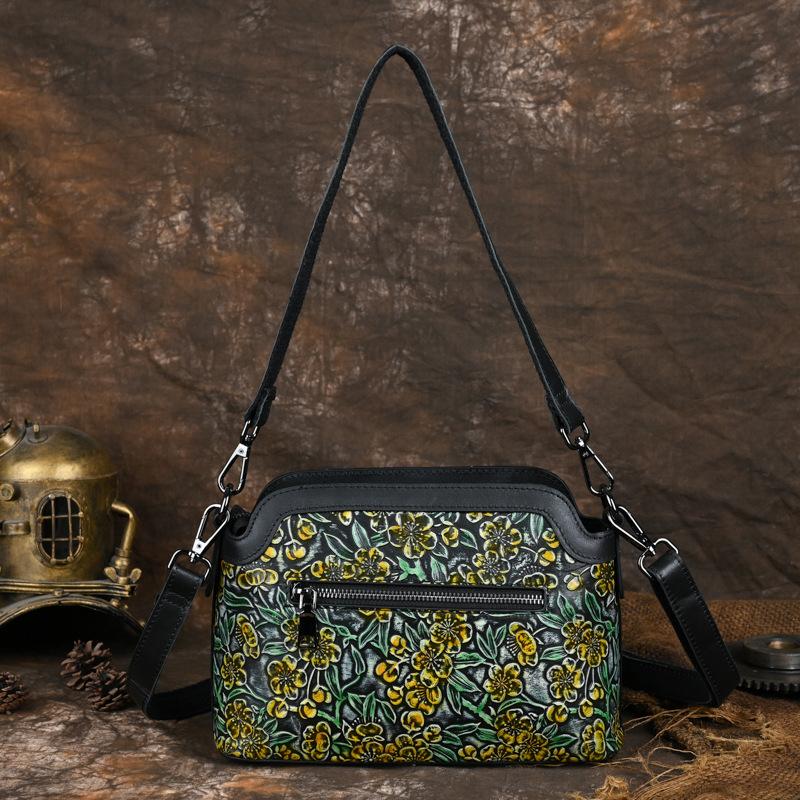 New Retro Top Layer Cowhide Women's Crossbody Bag Made of Genuine Leather, Hand Polished Embossed Shoulder Bag, Casual Women's Qipao Bag