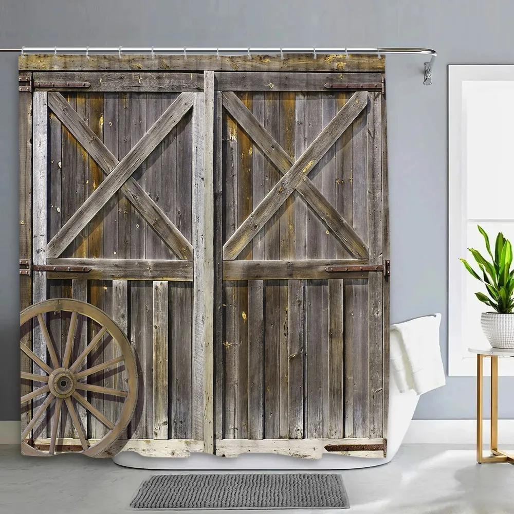 Vintage Rustic Wood Panel Shower Curtain Barn Door Floral Botanical Green Leaf Barn Farm Polyester Fabric Bathroom Decor Curtain