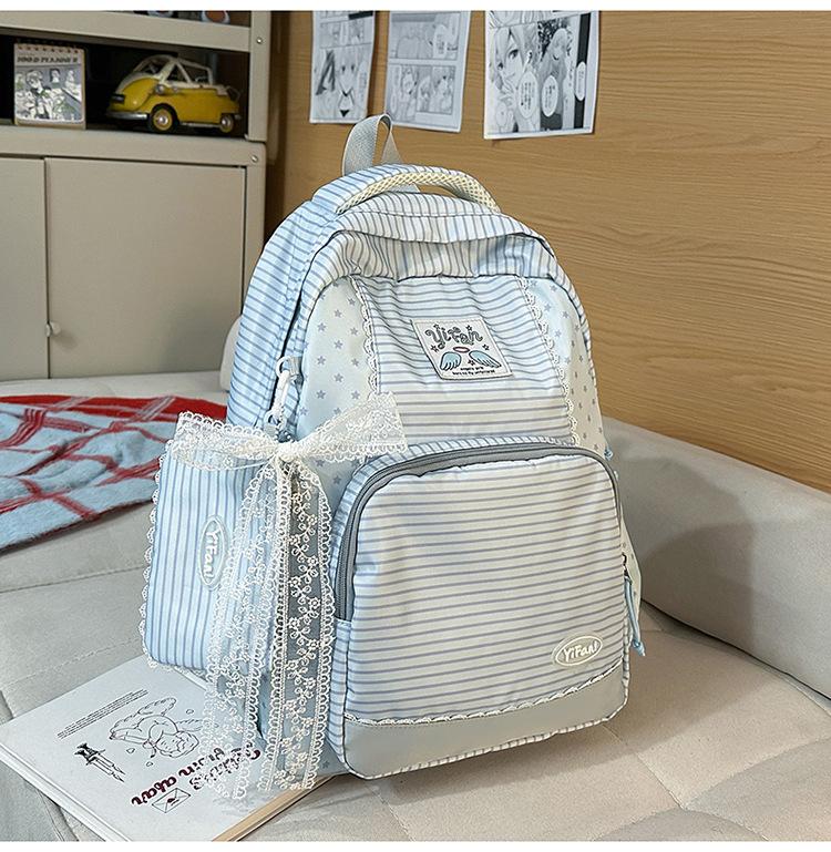 Mochila estilo universitario japonés para chica, mochila a rayas frescas con encaje, mochila escolar para estudiante, gran capacidad, mochila casual para estudiante de secundaria