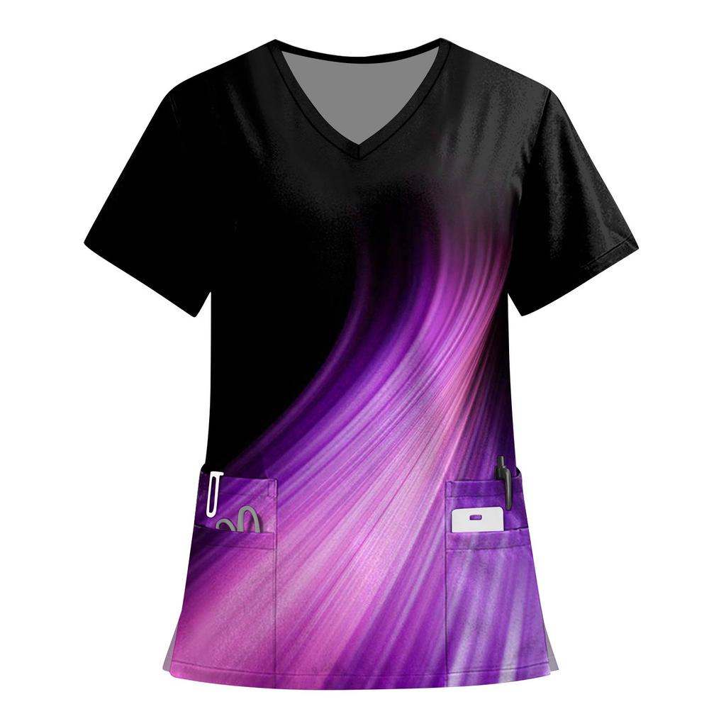 Women's Fashion Printed Short Sleeve V Neck Pattern Tops Pocket Working T-shirts