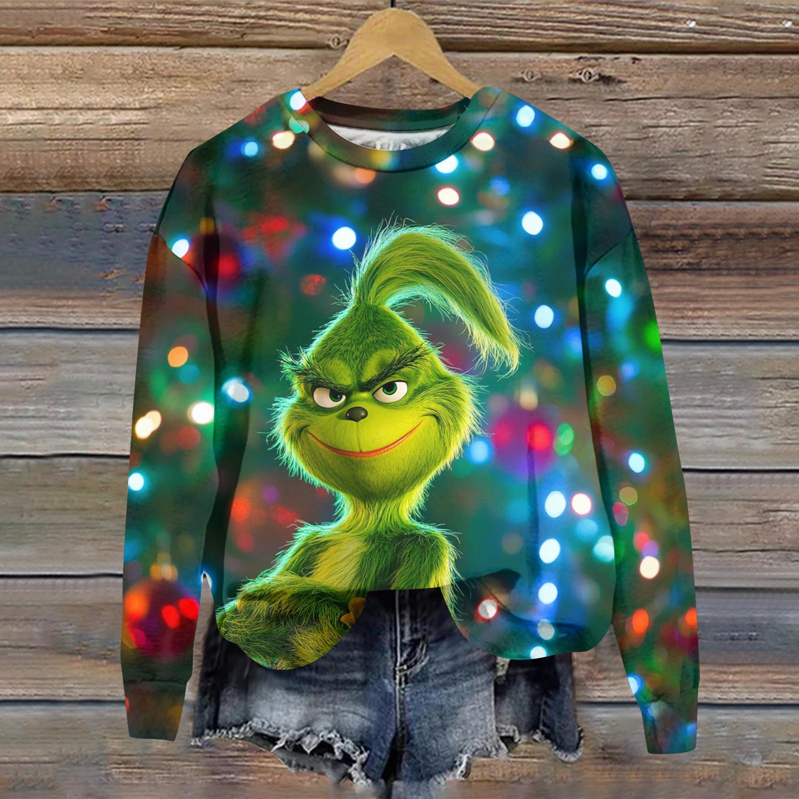 

Жіночий різдвяний спортивний худі топ з круглим вирізом та довгими рукавами з принтом Greentown L зелений