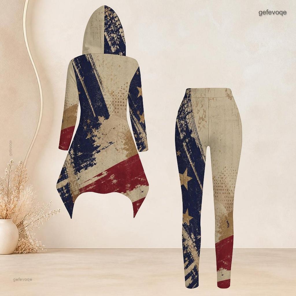 Women Plus Size Hooded Long Sleeve American Flag Printed High Low Top Fitted Pants Two Piece Set