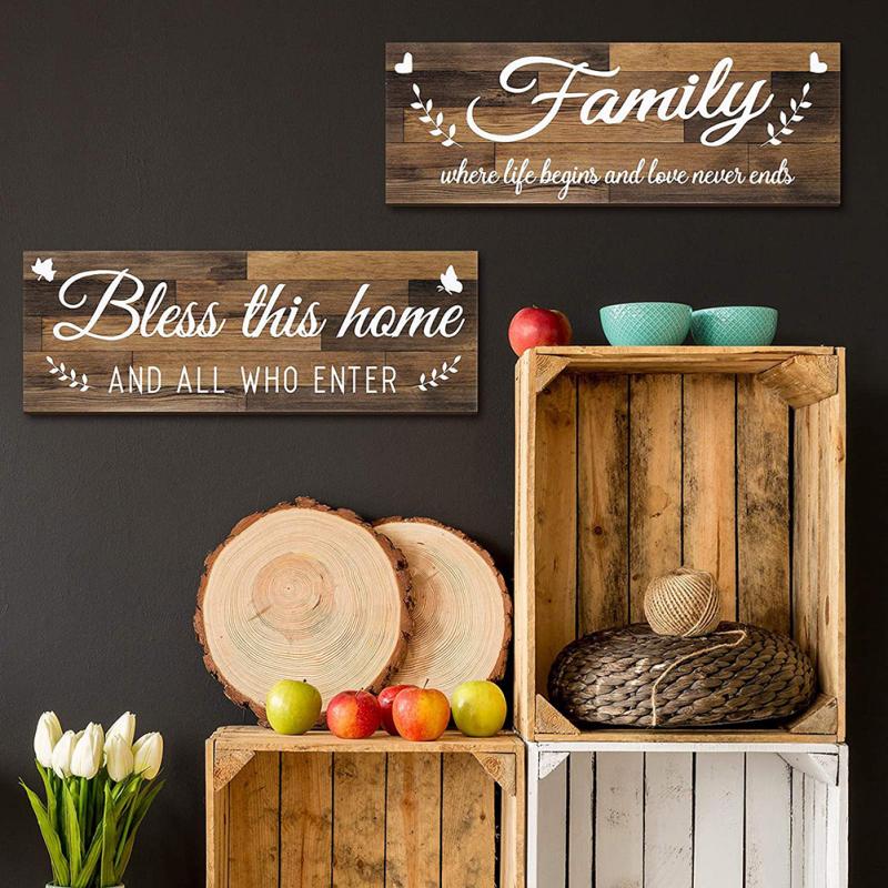 2pcs Wooden Signs Bless This Home Family Farmhouse Wall Art Decor For Bedroom Living Room Office