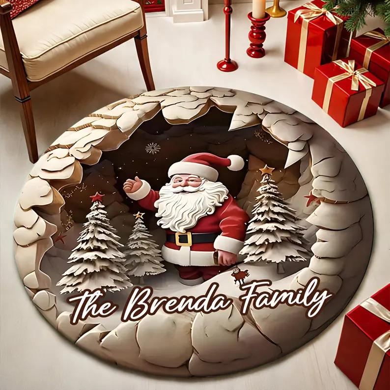 Santa Claus Toys Gifts Christmas Rug 3D Optical Illusion Round Carpet Festive Holiday Decor Santa Rug for Kids Room Winter Home