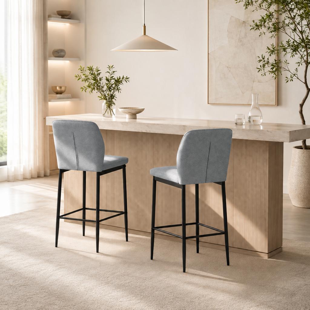 Modern Tall Chairs, Set of 2 Velvet Bar Stools with Footrest and Backrest, Kitchen & Living Room Stools, Grey