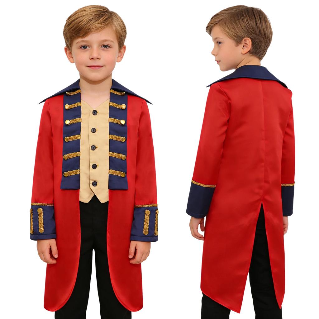 Costume da Bambino Esercito Britannico Coloniale: Cappotto Rosso Frac con Bordi Dorati & Spalline per Rievocazione della Guerra Rivoluzionaria