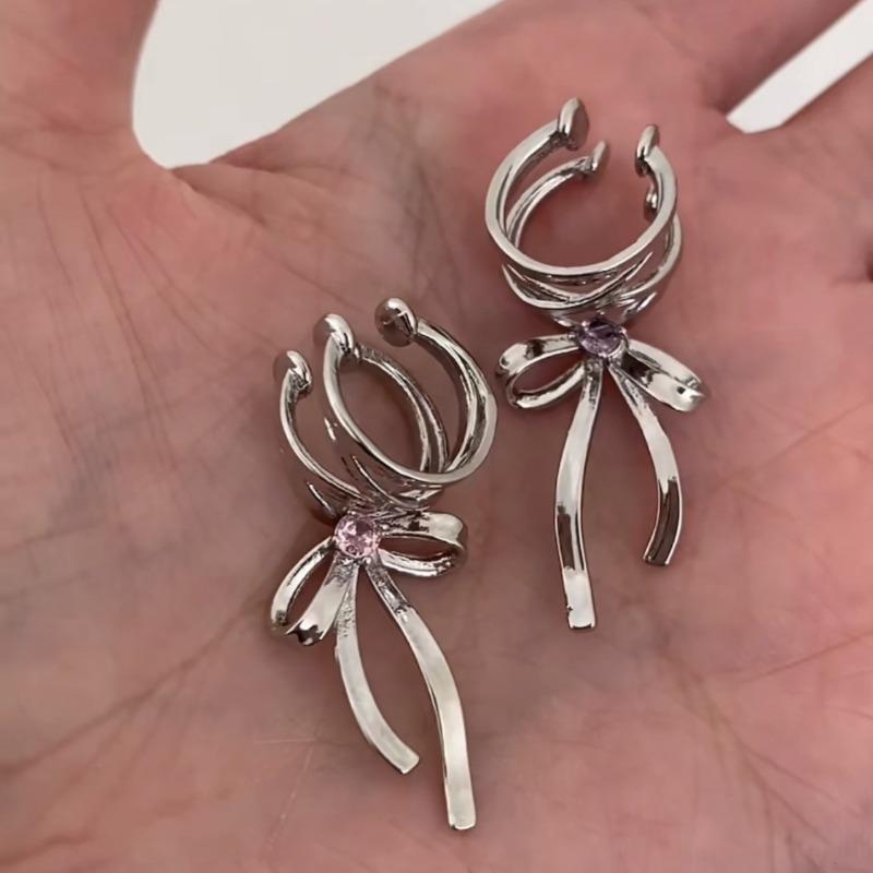 Ribbon aesthetic ear clips Women's tide cold ballet style ribbon bow No ear piercings Ear bone clips Student earrings