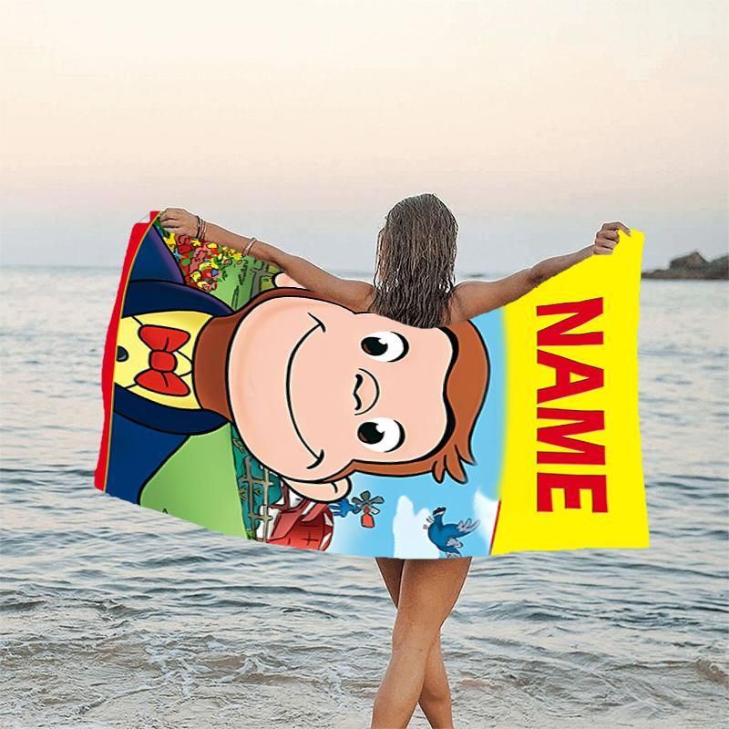 1pc Curious George3 Beach Towel with Custom Name, Beach/Swimming/Bath/Picnic/Camping Towel, Suitable for Seaside Beaches