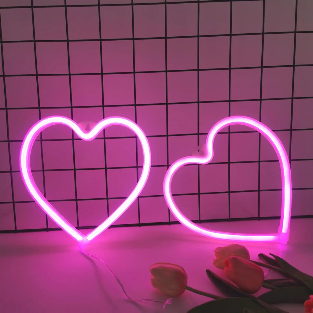 LED Night Light Dual Power Neon Heart Shape USB/Battery Operated Romantic for Home Bedroom Decor Gift Party Lighting Portable