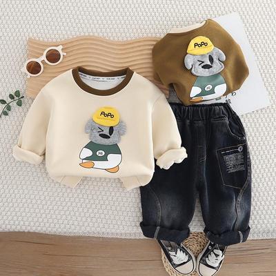 Langärmeliges Set für 0- bis 5-jährige Jungen Kinder Rundhals Cartoon Kapuzenpullover Lässige Jeanshose Baby Bequeme Kleidung