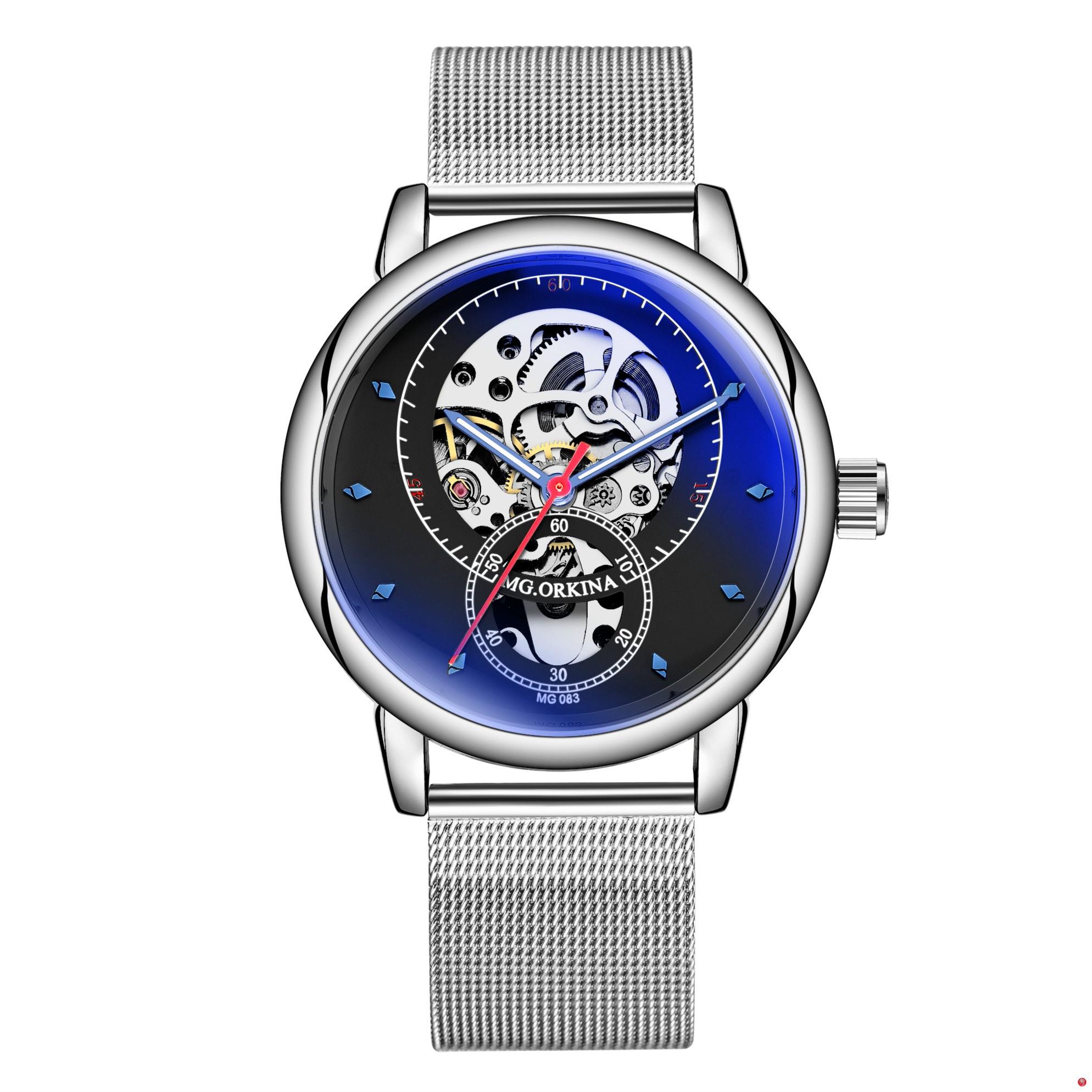 

Часы-скелетоны в корпусе из розового золота с ажурным механизмом, мужские спортивные водонепроницаемые автоматические механические часы с сетчатым ремешком из нержавеющей стали серебряный/чёрный