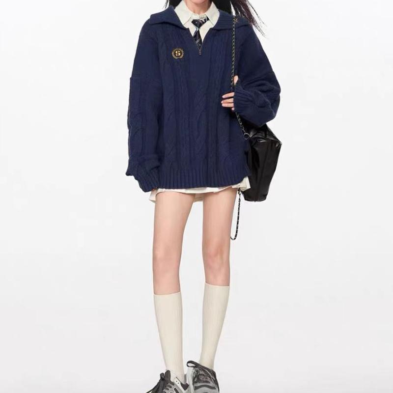 Woman Fried Dough Twists Embroidery Sweater College Style Lapel Half Zipper Pullover Autumn Loose and Simple Female Outerwear