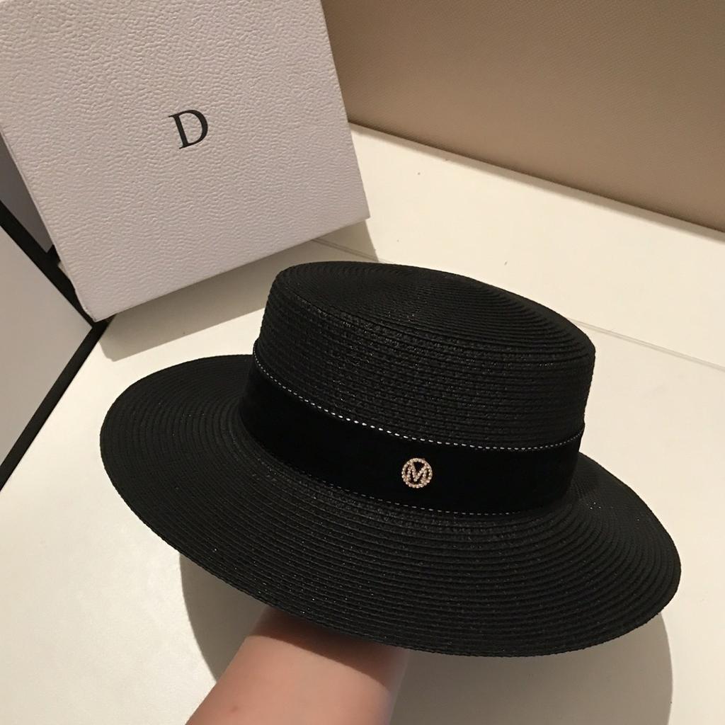 French Patch Flat Brim Straw Hat Women's Summer British Flat Top Hat Small Fresh Beach Sunscreen Sun Hat Women's