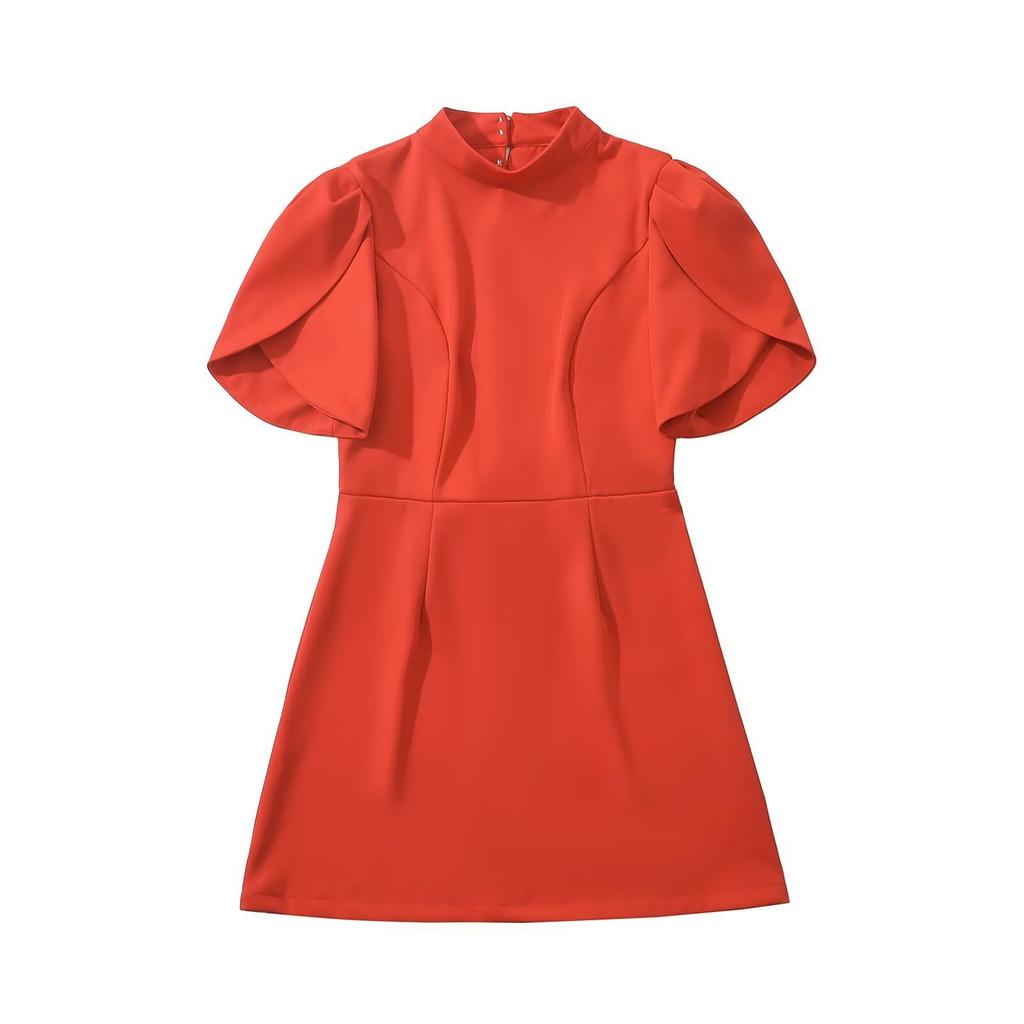 Spring New Women's Clothing European and American Style French Stand-up Collar Solid Color Back Bow Decorative Hollow Dress Women